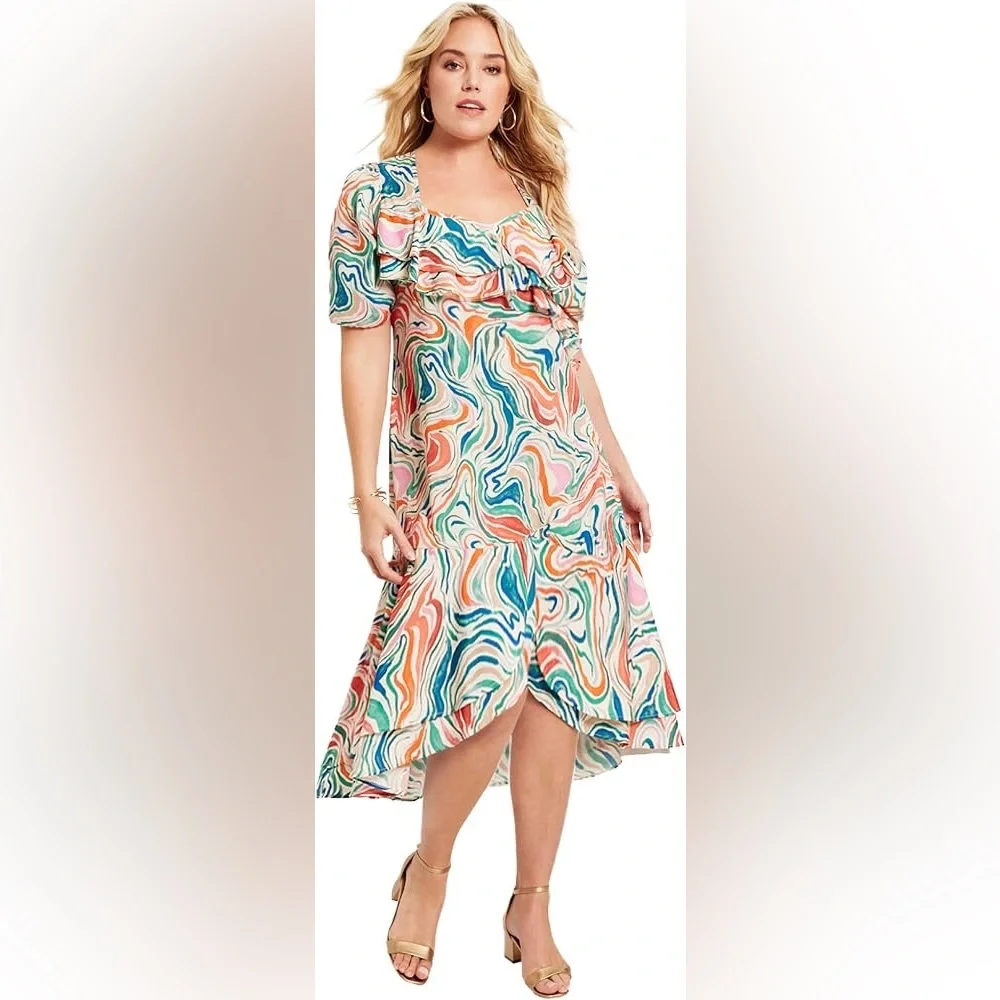 NWT June + Vie Printed Watercolor Marble Multicolor Hi-Low Ruffle Midi Dress - Picture 1 of 11